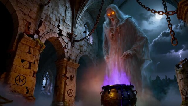 Scary ghost conjuring dark magic in spooky cauldron inside haunted ancient stone dungeon for terrifying halloween