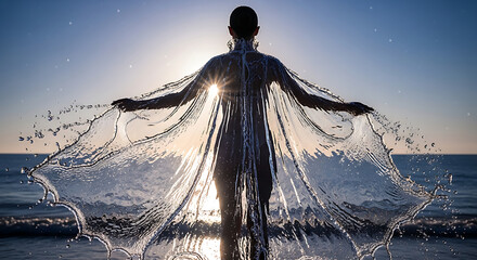 Woman creating a water wing with a splash at sunset on the beach, symbolizing freedom and movement