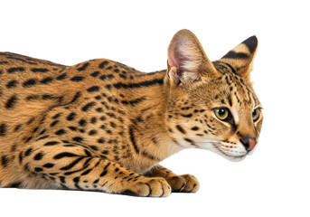 Isolated serval cat crouching, looking forward, animal with spots, tan color, large ears