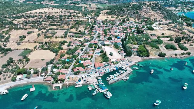 Aegean sea and Izmir Ildir village - drone shooting of the fishing town