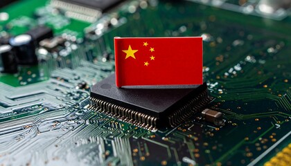 Macro shot highlighting a miniature flag of China resting on a computer chip atop a printed circuit board