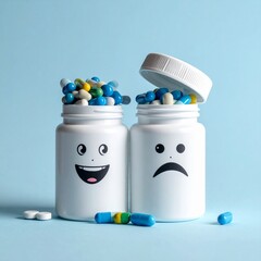 Alot of pills. Pills spill out of pill bottle. One of them is smiling. Another one is scared.