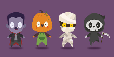 Scary Halloween Characters Vector Set with Vampire, Pumpkin Head, Mummy and Reaper