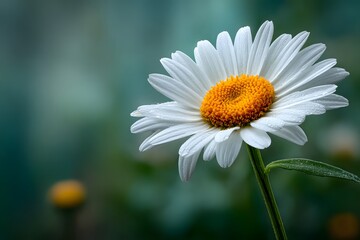 Obraz premium Beautiful, close-up photorealistic shot of a single white daisy with a yellow center. The flower is in sharp focus against a softly blurred green background.