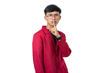 Young college student shushing gesture with finger on lips isolated on white background