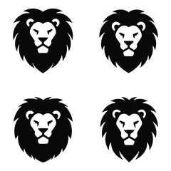 Majestic lion head icons featuring fierce expressions set of four powerful animal graphics for branding and design silhouette
