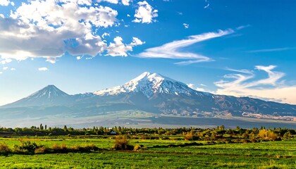 Majestic snow-capped peaks under a vibrant blue sky with scattered clouds, set over lush green fields