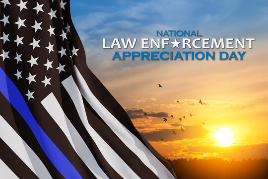 Law enforcement appreciation day is observed every year on January 9. USA flag and inscription on background of sunset sky with flying birds. - Powered by Adobe