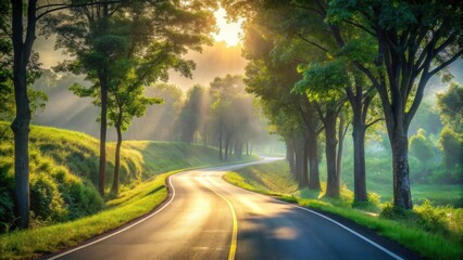 Fototapeta premium Morning sun rays illuminate a winding road through a lush green landscape, creating a scenic and tranquil atmosphere