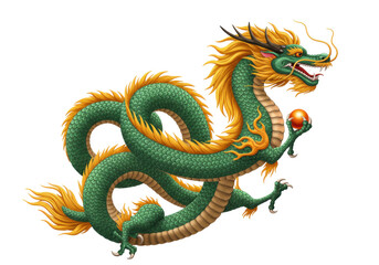 Fototapeta premium Isolated Eastern dragon guarding orange pearl ball, serpentine scales, green and gold colors