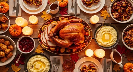 Thanksgiving dinner table with turkey and candles.