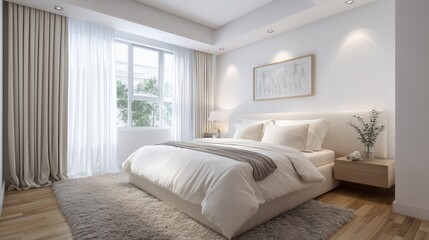 Fototapeta premium cozy modern minimalist bedroom interior with white walls and beige decor