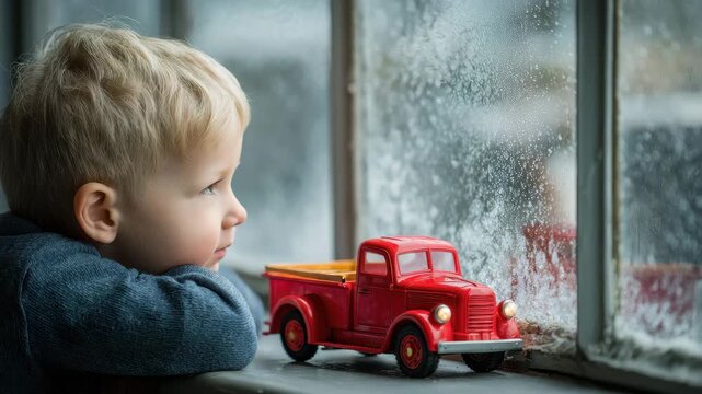 A young child looks out a window at falling snow while playing with a red toy truck in a warm room