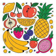 Isolated on white background, a colorful assortment of fruits, including bananas, pineapple, strawberries, and more, creating a vibrant and playful composition