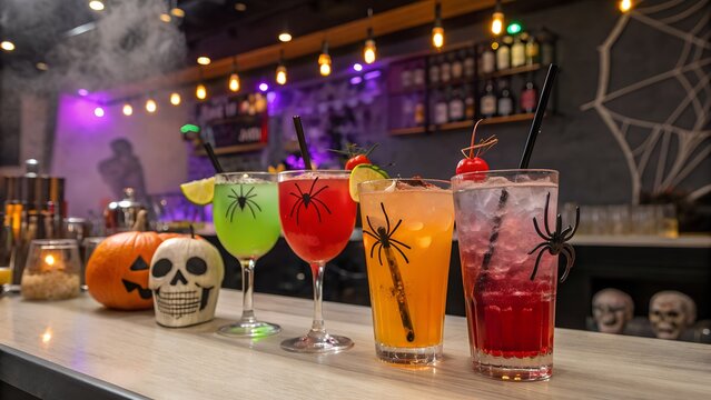 Attractive cocktails with Halloween decorations bar