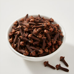 Obraz premium A white bowl of whole dried cloves, with some scattered, isolated on a white background.