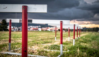 A low-angle perspective showcases a row of red and white hurdles positioned on a grassy field with a stormy, overcast sky in the background