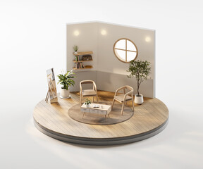 Isometric view round living room muji cozy style open inside interior architecture 3d rendering	
