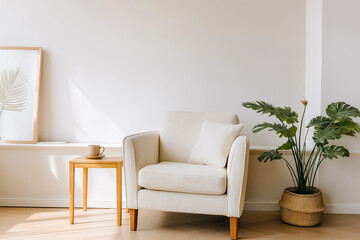 観葉植物と一人掛けソファのある北欧風リビングインテリア