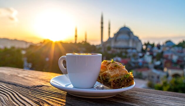 Turkish coffee in white cup with baklava. A beautiful sunset backdrops the historical city skyline with a grand mosque, creating a tranquil scene