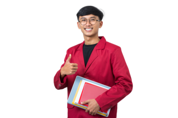 Smiling college student giving thumbs up like gesture isolated on white background