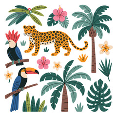 A vibrant jungle scene featuring a leopard, toucan, parrot, palm trees, and tropical flowers, creating a lush and exotic illustration