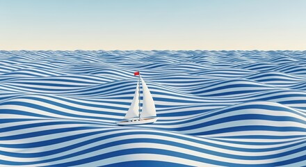 A lone sailboat on a surreal ocean of blue and white stripes