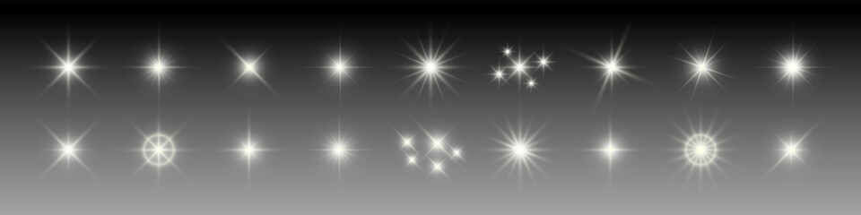 Collection of glowing starbursts and sparkle light effects on a dark gradient background. Vector set of luminous shines and flares for decoration and photo editing