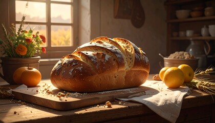 Rustic bread loaf on a wooden table with fruit and a sunny window