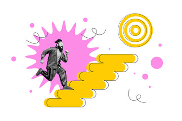 Full 3d art pop image collage of happy businessman run career ladder target aim achievement progress statistics promotion