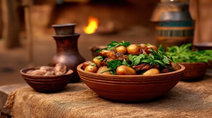 A rustic bowl filled with golden potatoes garnished with fresh herbs, alongside traditional clay pots, set against a warm, inviting background.