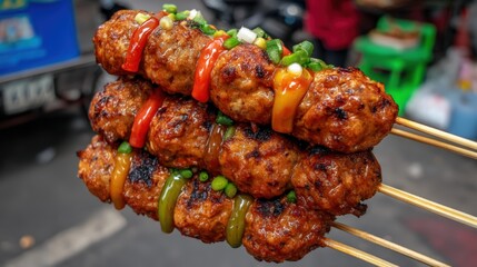 Grilled meat skewers glazed with sauces and garnished with green onions, ready to be enjoyed as a street food delicacy.