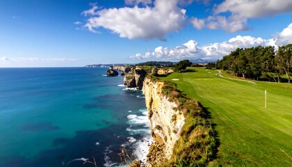 Panoramic view of coastal cliffs with a lush green golf course merging into the vibrant blue ocean under a bright sky