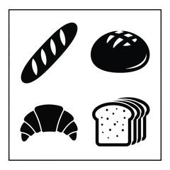 Set of four delicious baked goods icons featuring baguette croissant round loaf and sliced bread for food related designs silhouette