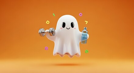 Cute ghost with dumbbell and water bottle. Halloween fitness concept.