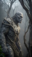 Fototapeta premium Grey Stone Monster with Tree Branches Horror Fantasy