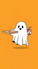 Ghost holding pizza box and soda on solid orange background, Halloween food delivery concept.