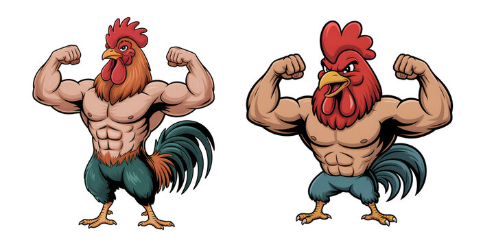 Strong muscular rooster cartoon character flexing arms confidently