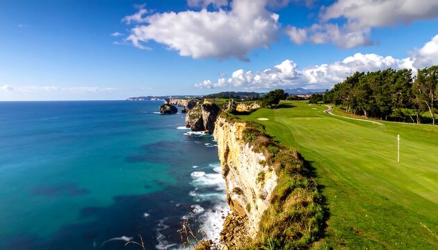 Panoramic view of coastal cliffs with a lush green golf course merging into the vibrant blue ocean under a bright sky - Powered by Adobe
