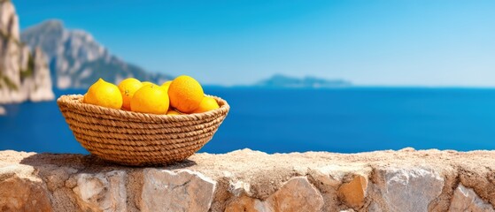 A basket of fresh lemons sits on a stone wall overlooking a serene blue sea and distant mountains under a clear sky.
