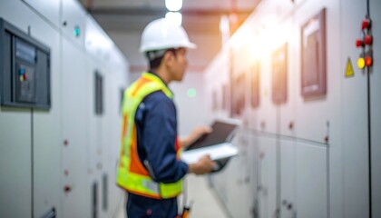 Technician wearing safety gear inspects electrical equipment within a utility room, sunlight adding a warm glow