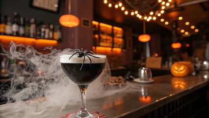 Spooky cocktail with spider decor in a halloween bar