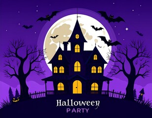 Spooky Haunted House Halloween Poster Design.
Halloween party poster with haunted house silhouette, full moon, flying bats, and dark purple background. Perfect for event invitations and seasonal promo