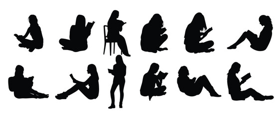  reading book woman silhouettes set