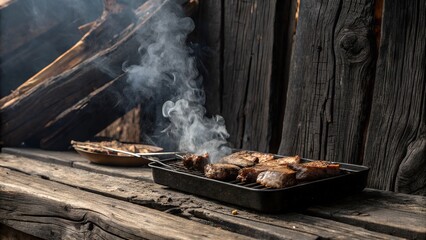 Charred wood surface featuring BBQ and smoky elements