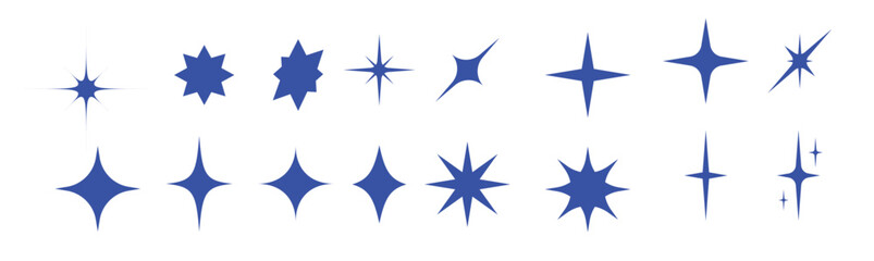 Retro star of different shapes flash silhouette set, Collection of twinkle particle stars and rays decorative symbols for design. Vector icons y2k style basic shapes geometric graphic elements