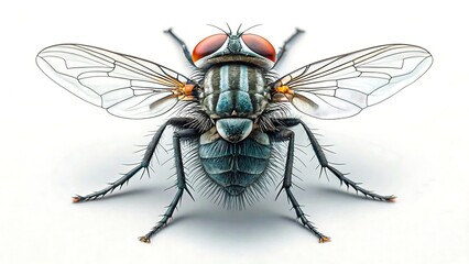 Close up macro of fly with transparent wings and red eyes on white background

