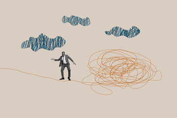 Whimsical collage with person on abstract doodle sketches entrepreneur imagination fun cartoon dance leisure rest emotion