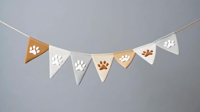 Diy pet party setup bunting pennant banner with neutral paw print flags and cozy beige gray flag decor for playful animal celebration paw DIY setup