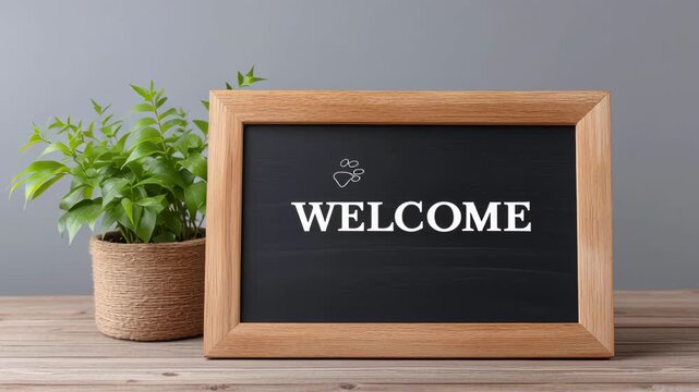Welcome diy pet party setup sign wooden frame with chalkboard greeting and indoor potted plant rustic table creating cozy inviting home entry scene